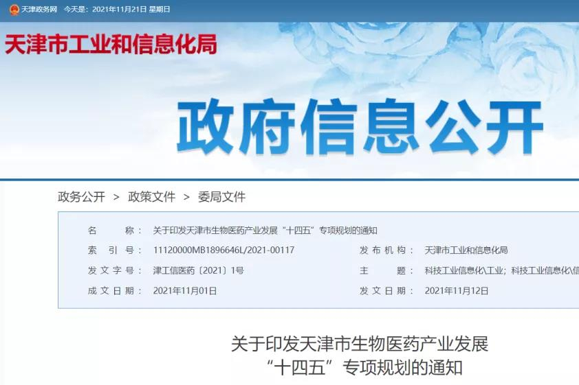 天津市生物医药产业发展“十四五”专项规划 ，大力支持生物医药产业发展
