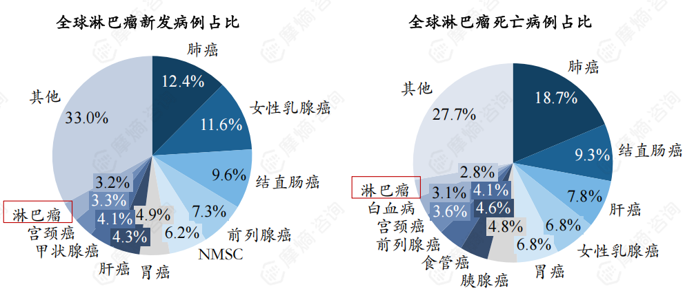 全球淋巴瘤新发病例占比及死亡病例占比