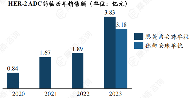 HER-2 ADC药物历年销售额（单位：亿元）