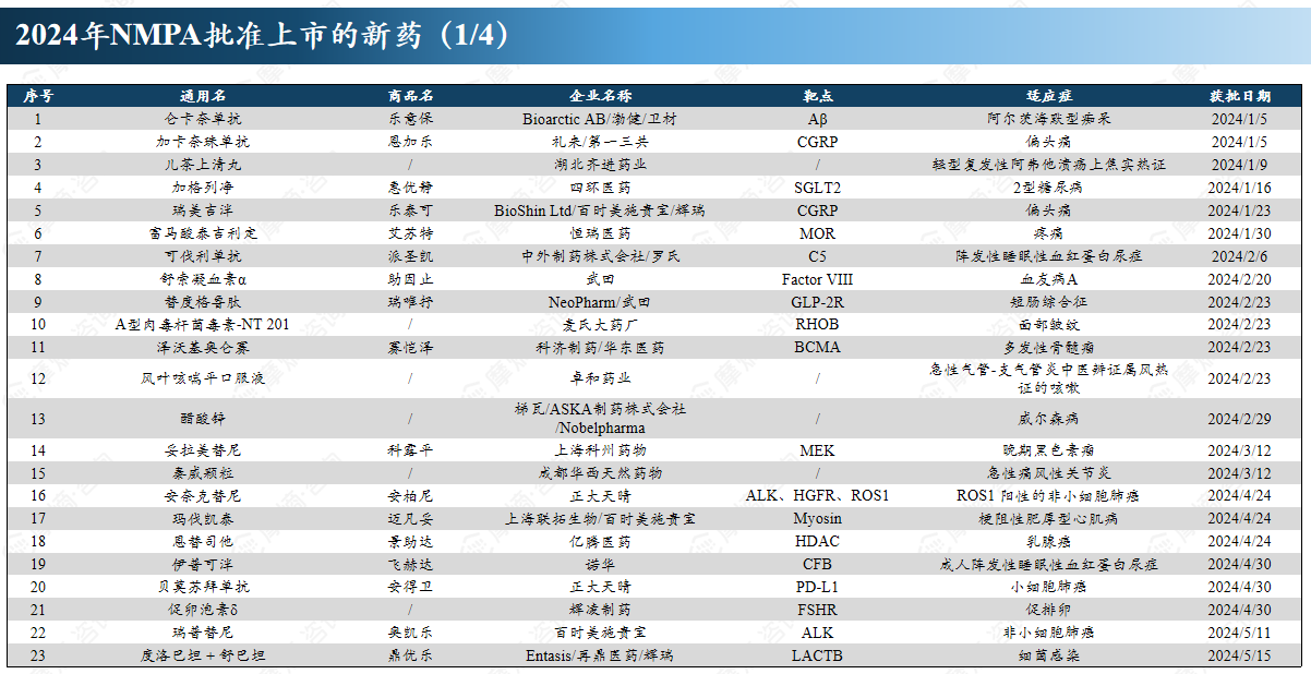 2024年NMPA批准上市的新药（部分）