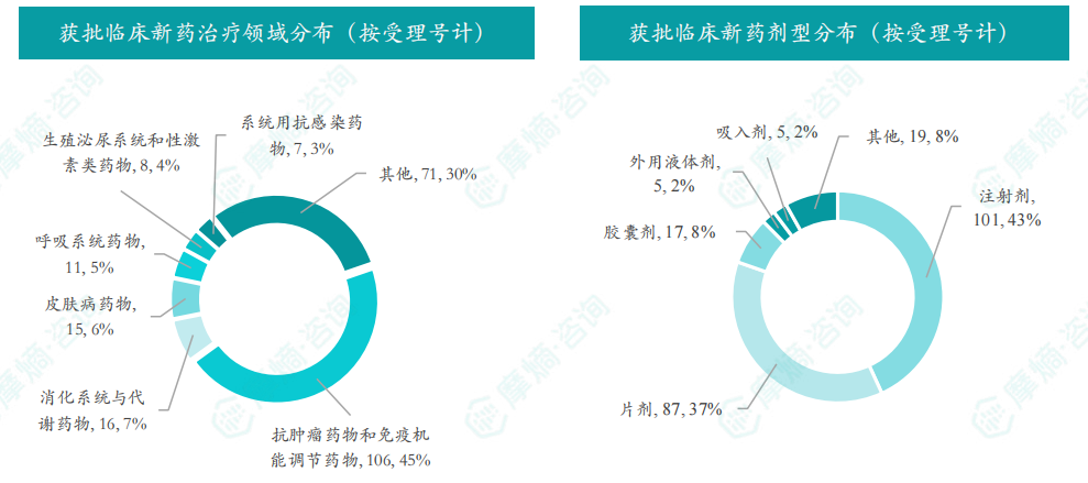 获批临床新药治疗领域/剂型分布（按受理号计）