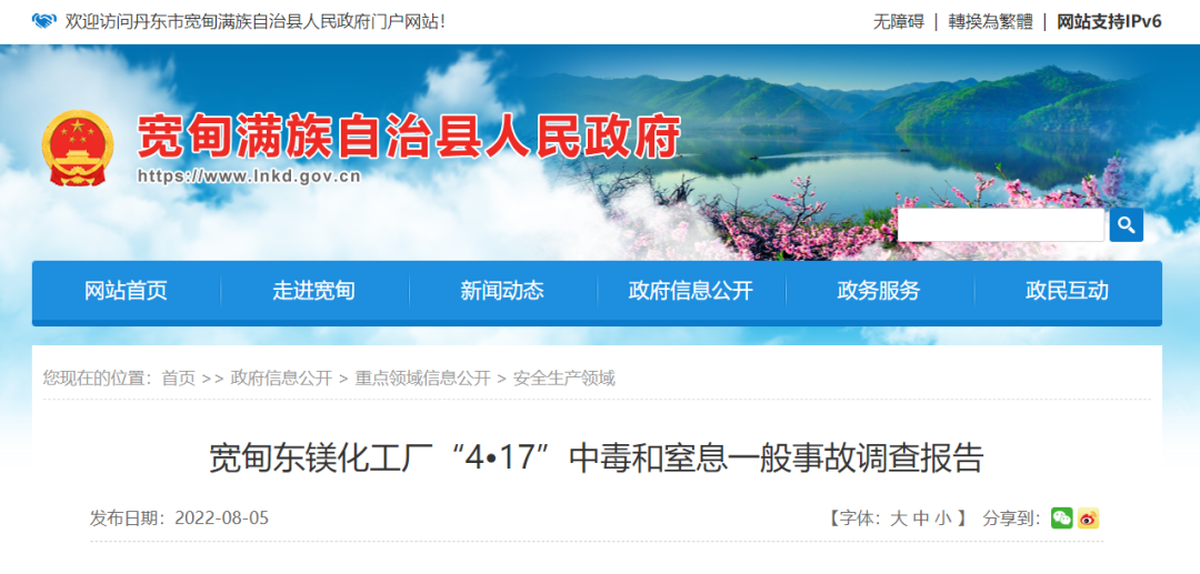 宽甸东镁化工厂“4·17”中毒和窒息事故调查报告公布